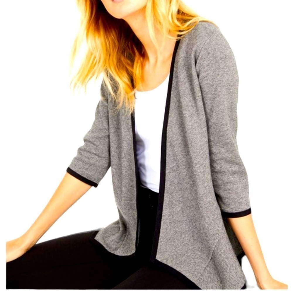 Alfani Drape Front Waterfall Cardigan in Grey Tweed with Black Piping Size 2X